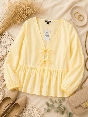 Express Butter Yellow Tie Front Peplum Blouse | Cottagecore Top Small NWT